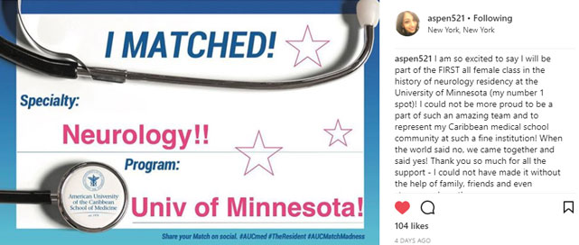 Instagram post celebrating I Matched in Neurology at Univ of Minnesota